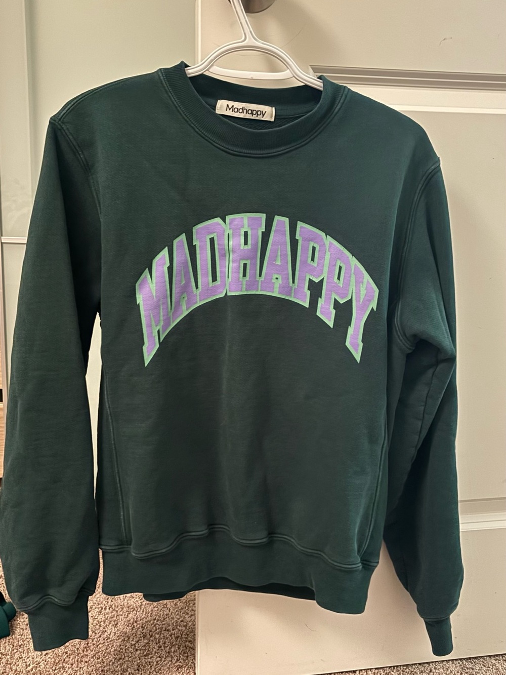 Madhappy Dark Green Crewneck Sweatshirt with Lavender and Mint Logo